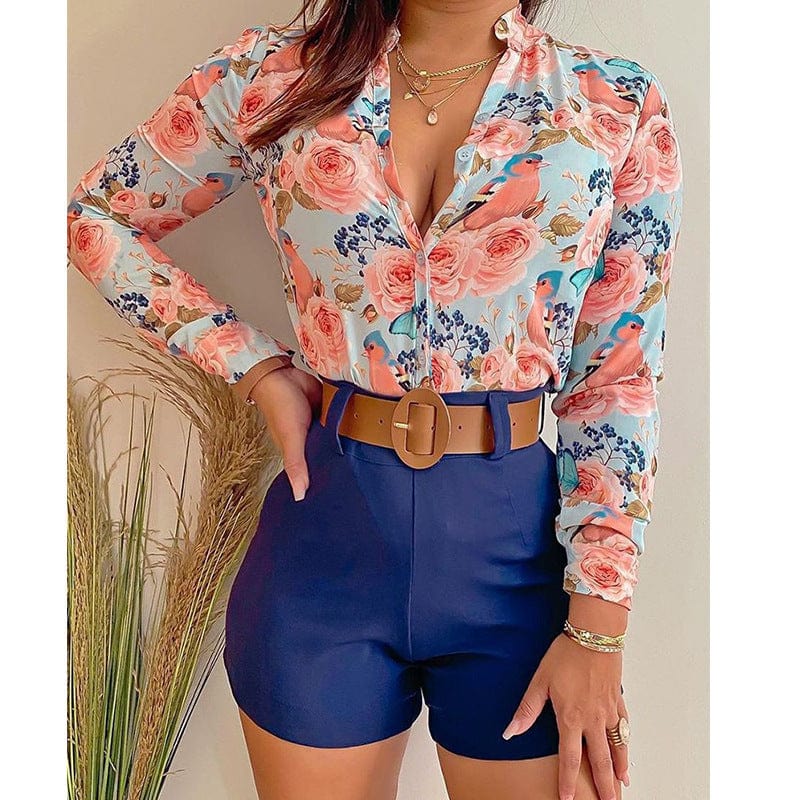 S / 6 Women Floral Print Stand Collar Long Sleeve Tie Front Causal Top Shirt Blouse V Neck Ladies Top Casual Button Slim