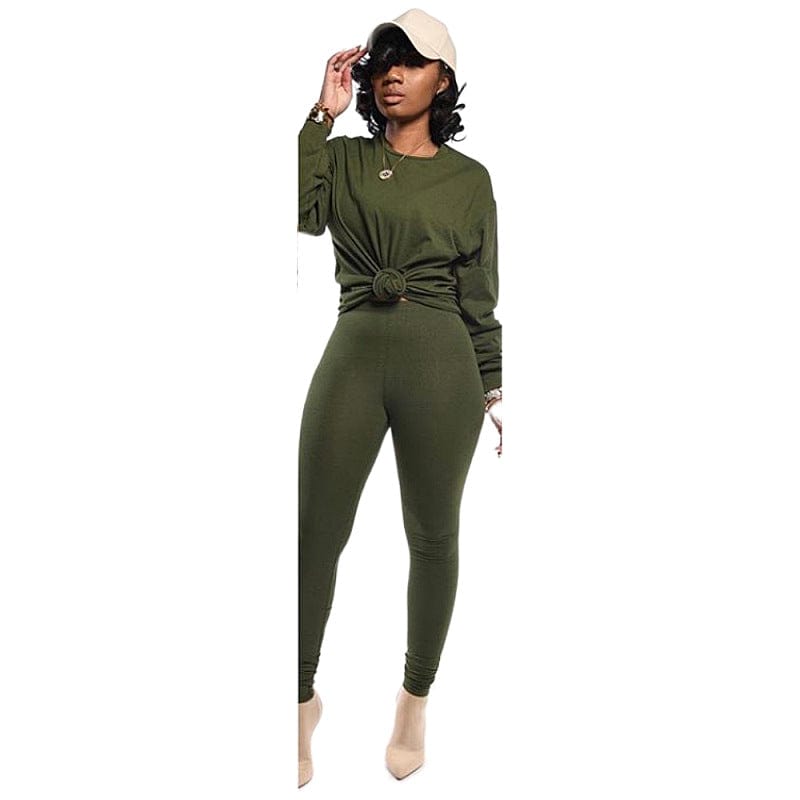 S / Army Green cotton women 2 piece sets clothing fall long sleeve two piece pants set for women