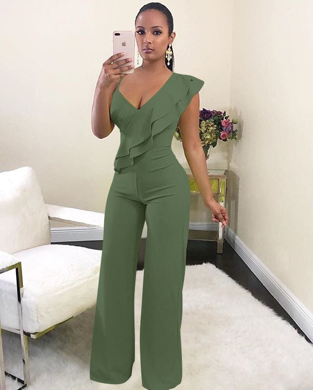 S / Army Green Stock Available Summer V Neck Jumpsuit High Waist Sleeveless Ruffle Jumpsuits Elegant Women One Piece Jumpsuit