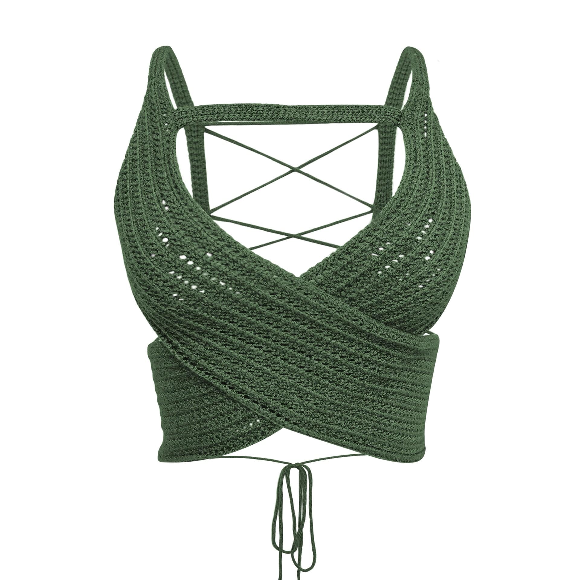 S / Army Green Women's Clothing Fall 2022 Y2K Basic Sleeveless Open Back Straps Tops Women Hollow Knitted Sweater Sexy Crop Tops