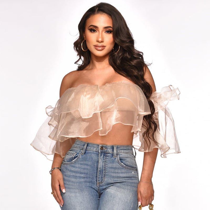 S / Beige Trending Products 2022 New Arrivals Elegant Latest Chiffon Tops Sexy Short Sleeve Tube Mesh Top Summer Clothes