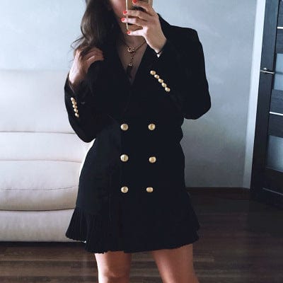 S / Black 2022 Ladies Elegant Formal Long Sleeve Pleated Double Breasted Blazer Dress Black Slim Fit Business Wear Jackets Woman Blazers