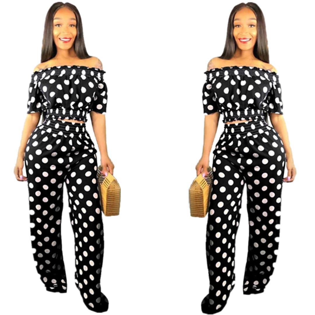 S / black 2022 New arrival polka dot slash sexy top fashion high quality flare pants ladies two piece set women clothing