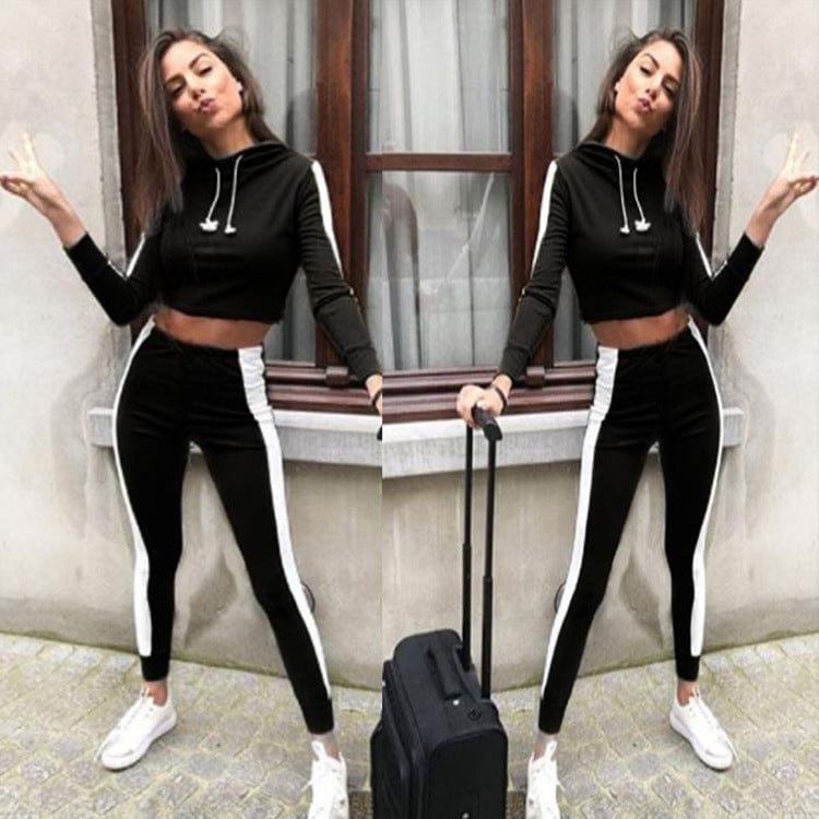 S / Black 2022  Wholesale Ladies Crop Top Drawstring Hoody Splicing Joggers Fitness Cropped Top Hoodie 2 Piece Set Women