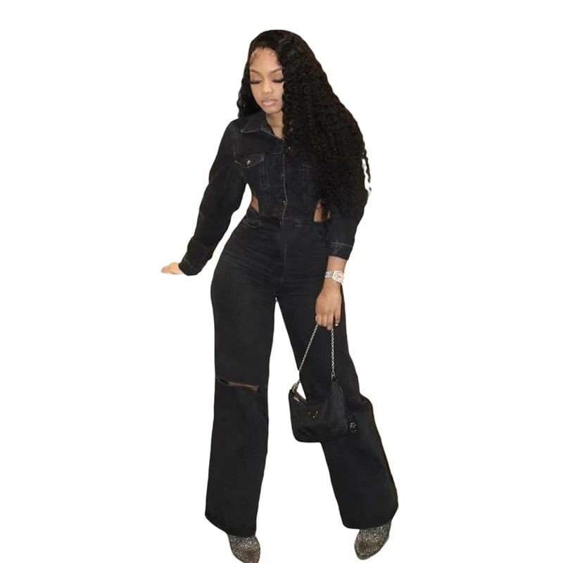 S / Black 2024 spring new black denim jeans women free shipping kacket top full length pants jumpsuit romper overall for women full length