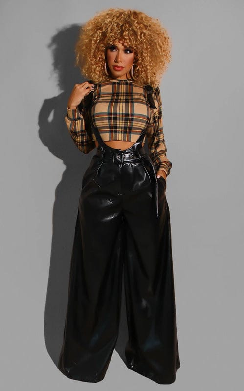 S / Black BS107043 Fashion Casual elastic PU leather High Waist Wide Leg dungarees Fall Women trousers with suspenders