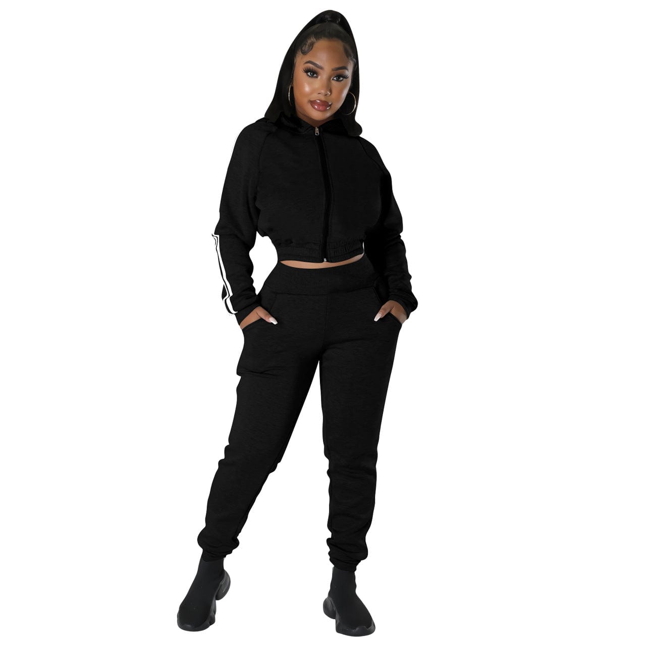 S / black C1101TA86 New Arrival Casual Zipper Hooded Sport Two Piece Pants Set Women Sehe Fashion