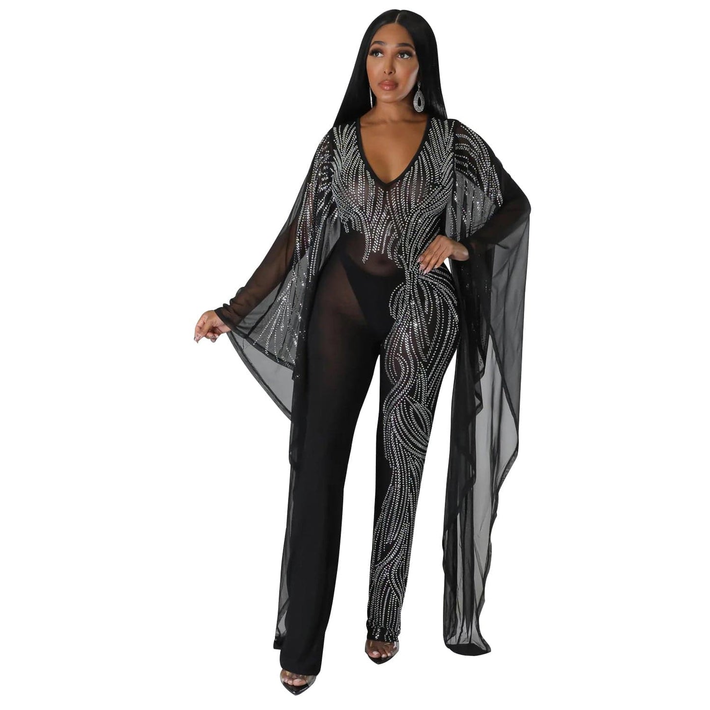 S / black C1102TA60 Trendy Design Sexy Sheer Mesh Spliced Rhinestone Club One Piece Jumpsuit Women Sehe Fashion