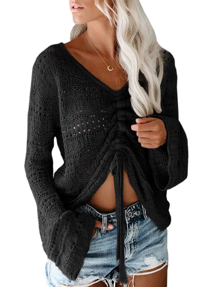 S / black fashion hollow out knitted blouses women casual top 2022 autumn drawstring v neck knit pullover sweater top