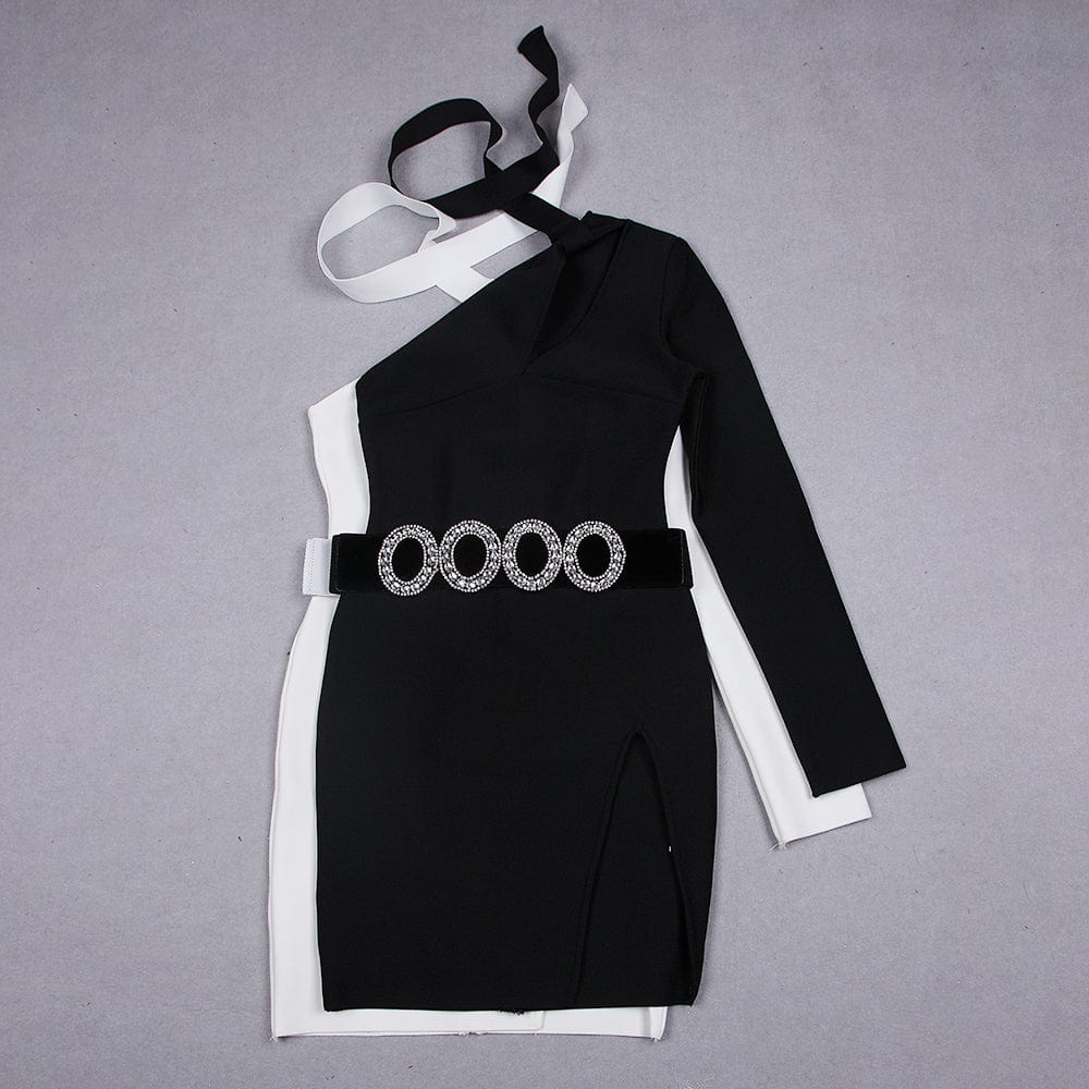 S / Black FD2270 Kimshein Stylish New Halter One Shoulder Long Sleeve Sexy Hollow Out  Crystal Belt Split Mini Bodycon Club Dress Women