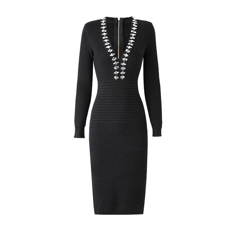 S / Black FD2497 Kimshein Spring Autumn Long Sleeve Deep V Neck With Rhinestone Knit Fabric Evening Dresses Women Lady Elegant