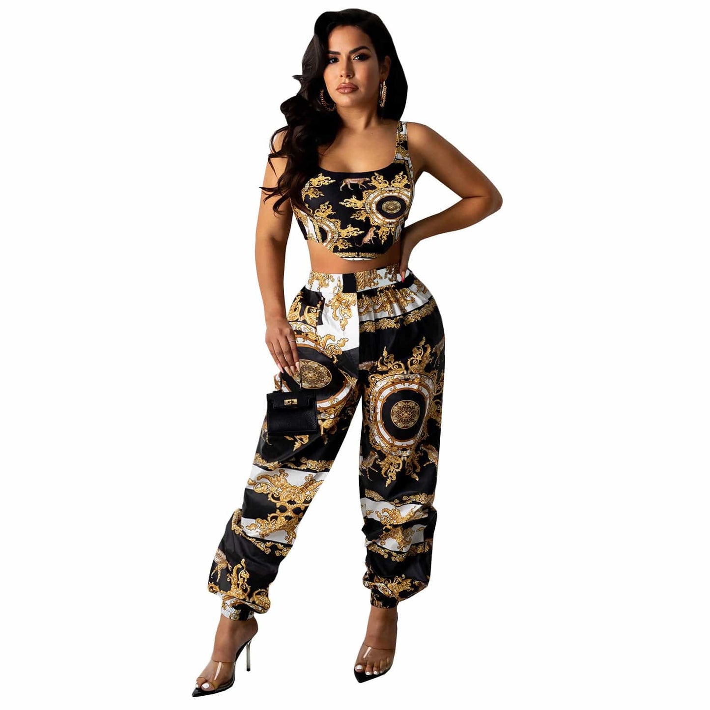 S / black gold QM4284 new arrivals liberty print camisole short top trousers suit two piece set women