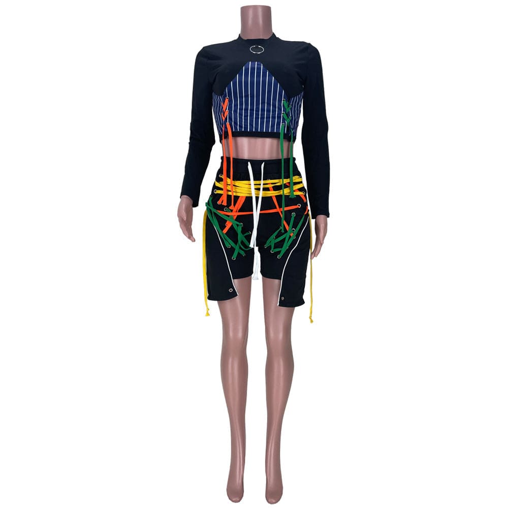 S / Black High Street Style Women Outfits Two Piece Clothing Crop Top Striped Patchwork Long Sleeve Drawstring Shorts Women Two Piece Set