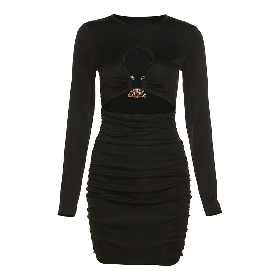 S / black Kliou K22D22642 Sexy casual party street fashion mini dress Long Sleeve hollow round neck pleated slim dress