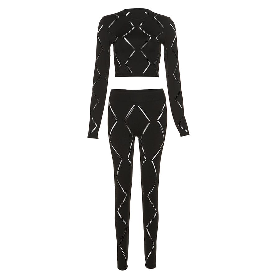 S / black Kliou K22S22935 Autumn new design fashion women's suit Long-sleeved umbilical top + tight pants hollow-out 2 Piece set women