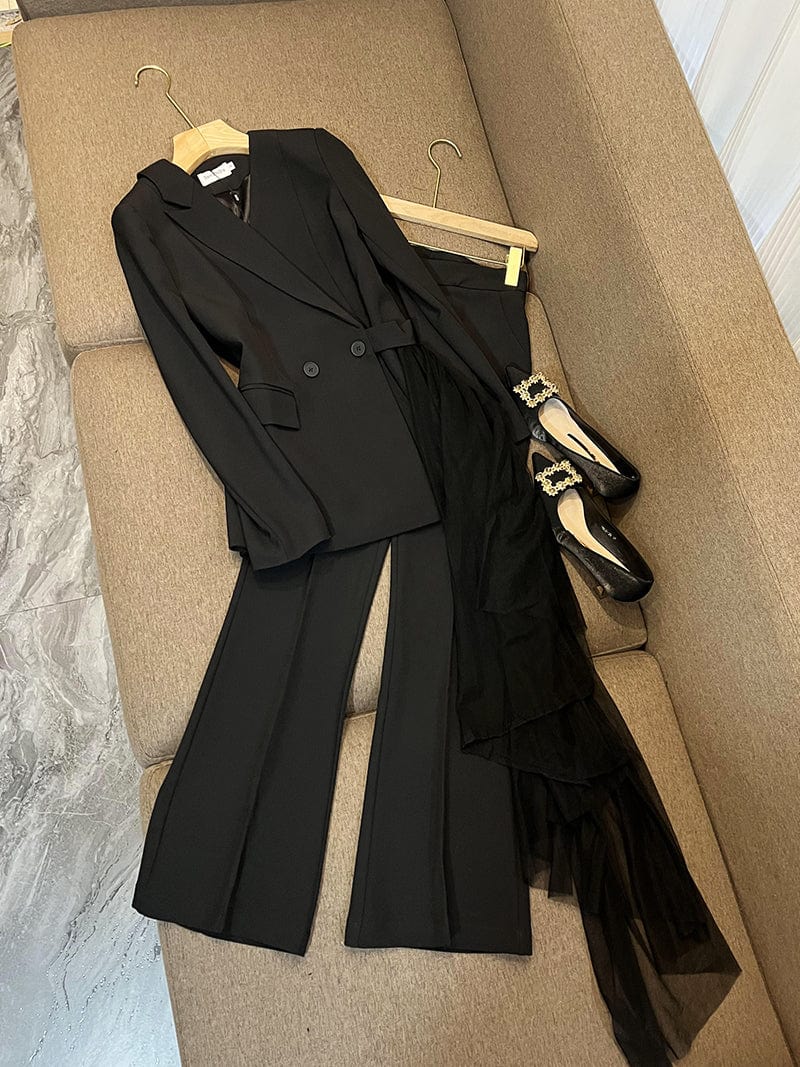 S / black New Designed 2023 Spring Lady Fashion Suit V-neckline Grenadine Patchwork Hem Blazer Flared Pants Women 2pcs Black