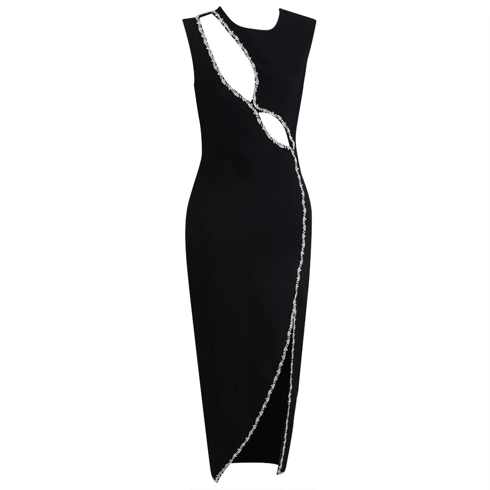 S / Black New Fashion Ladies Black Elegant Hollow Out Rhinestone Beading Sexy Party Dresses