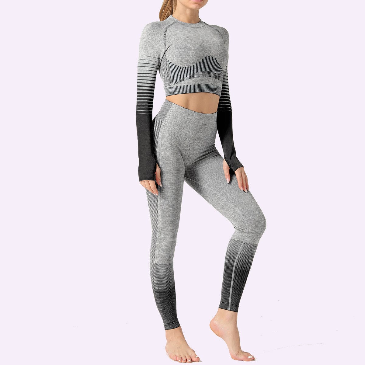 S / black New Stripe Long Sleeve Seamless Knit Butt Lift Mesh High Waist Yoga Set Woman