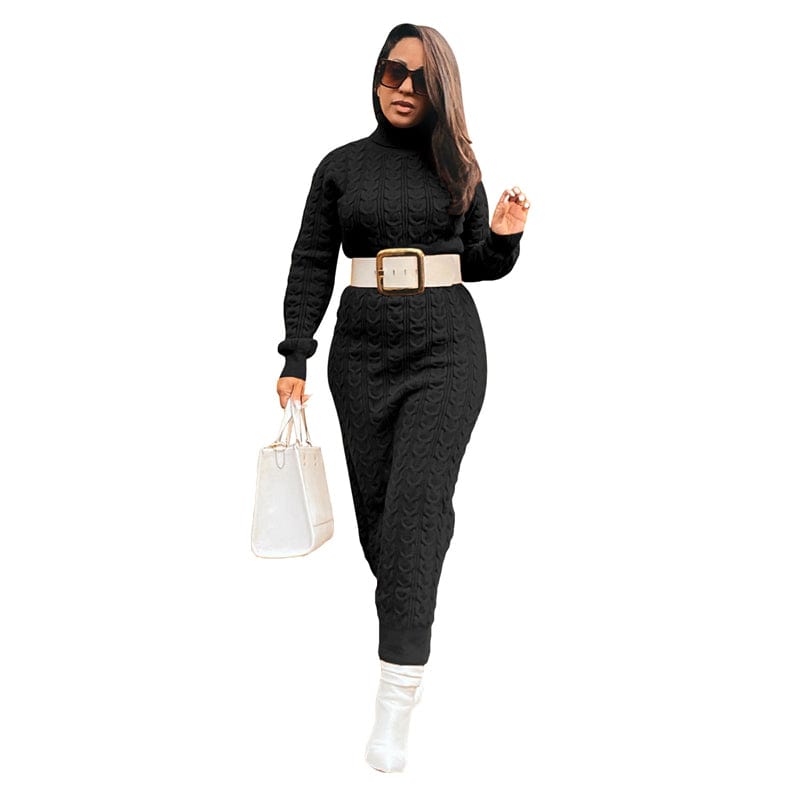 S / Black( no belt) fall winter 2022 luxury designer brand black graphic ribbed stripe turtleneck long sweater dress long pullover knit custom women