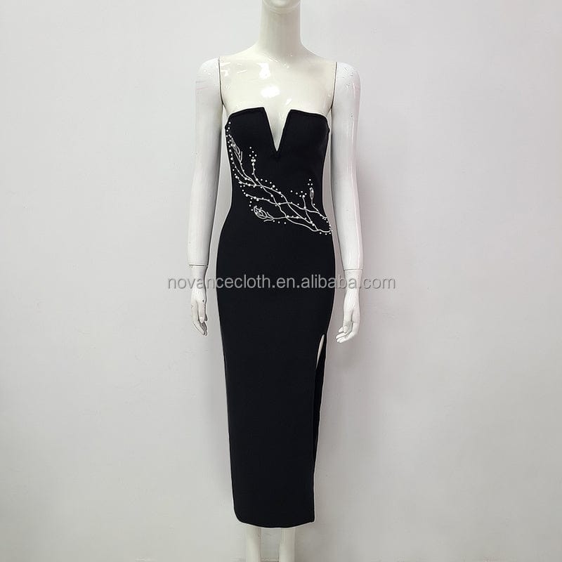 s / Black NOCANCE B3270 2023 new product tube top black diamonds party club dress high slit ladies dress for evening party