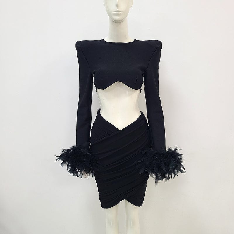 S / black NOVANCE best selling product 2024 feather cuff two pcs set white dress sexy short dinner dress for evening party cocktail club