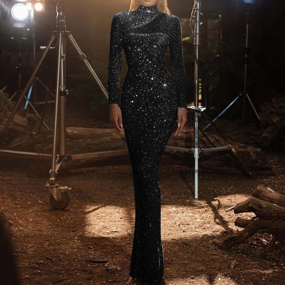 S / Black OEM/ODM New evening dresses 2024 sequin Elegant Lady Hollow Off Shoulder Evening Dress Round Neck Slim Sequin Dress Women