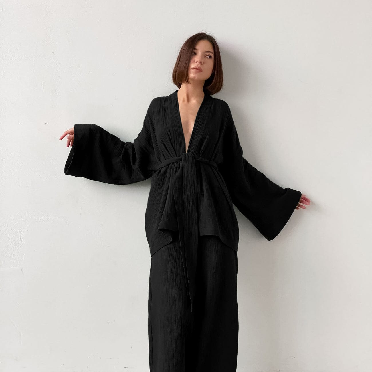 S / black OOTN Ladies Sleepwear Suit Women's Home Service Mujer Kimono Pajamas 2023 New 100% Cotton Crepe Long-Sleeved Trousers