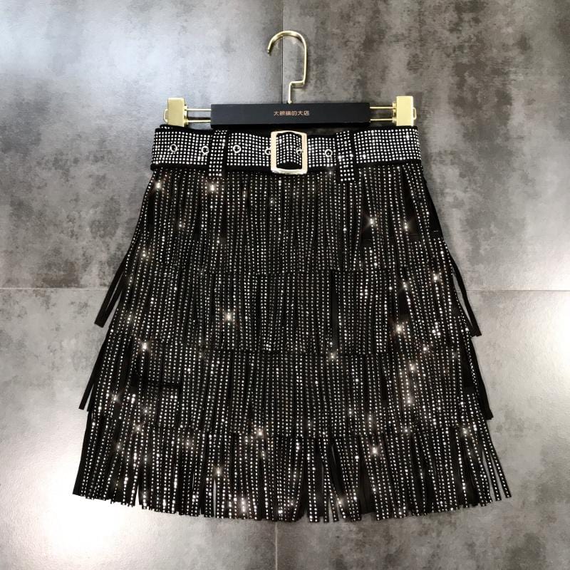 S / Black OUDINA Hot Fashion Heavy Industry Drill Tassel Multi-layer A-line Skirt Rhinestone Diamond Skiny Sequin Womens Skirts