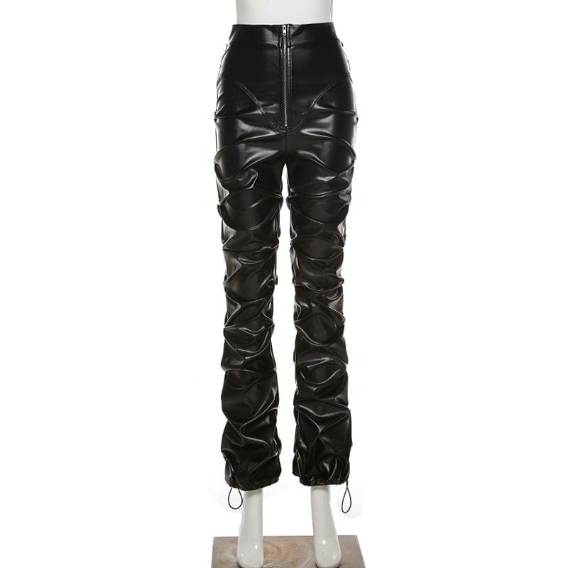 S / Black OUDINA Hot Selling High Waist Casual Trousers Zipper Pleated Brown Stacked Pant Women Leather Pants