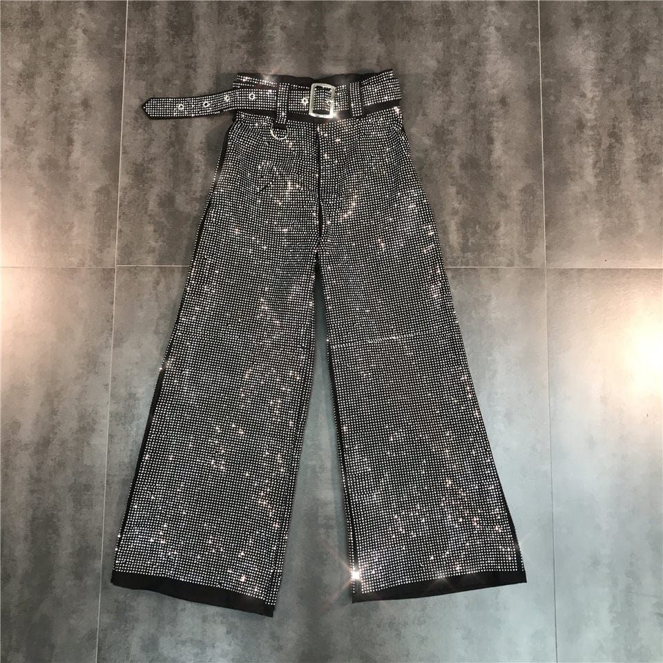 S / Black OUDINA Trendy New Full Long Trousers With Belt Casual Ladies Shiny Sequins Pant Women Wide Leg Pants