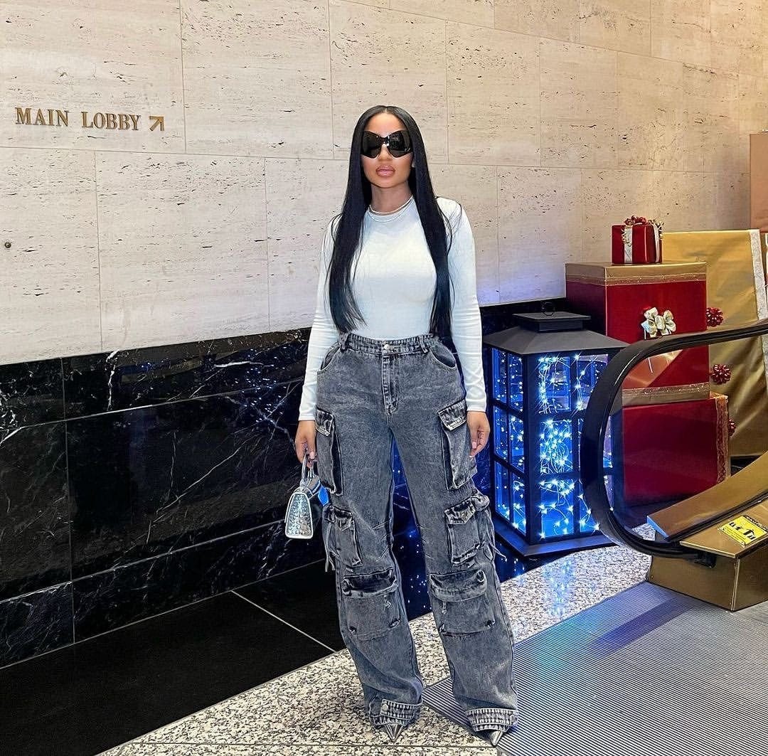 S / black OUDINA Wholesale Ready To Ship Wide Leg Pants Ladies Baggy Casual Femmes Pantalon Women Denim Cargo Jeans Women