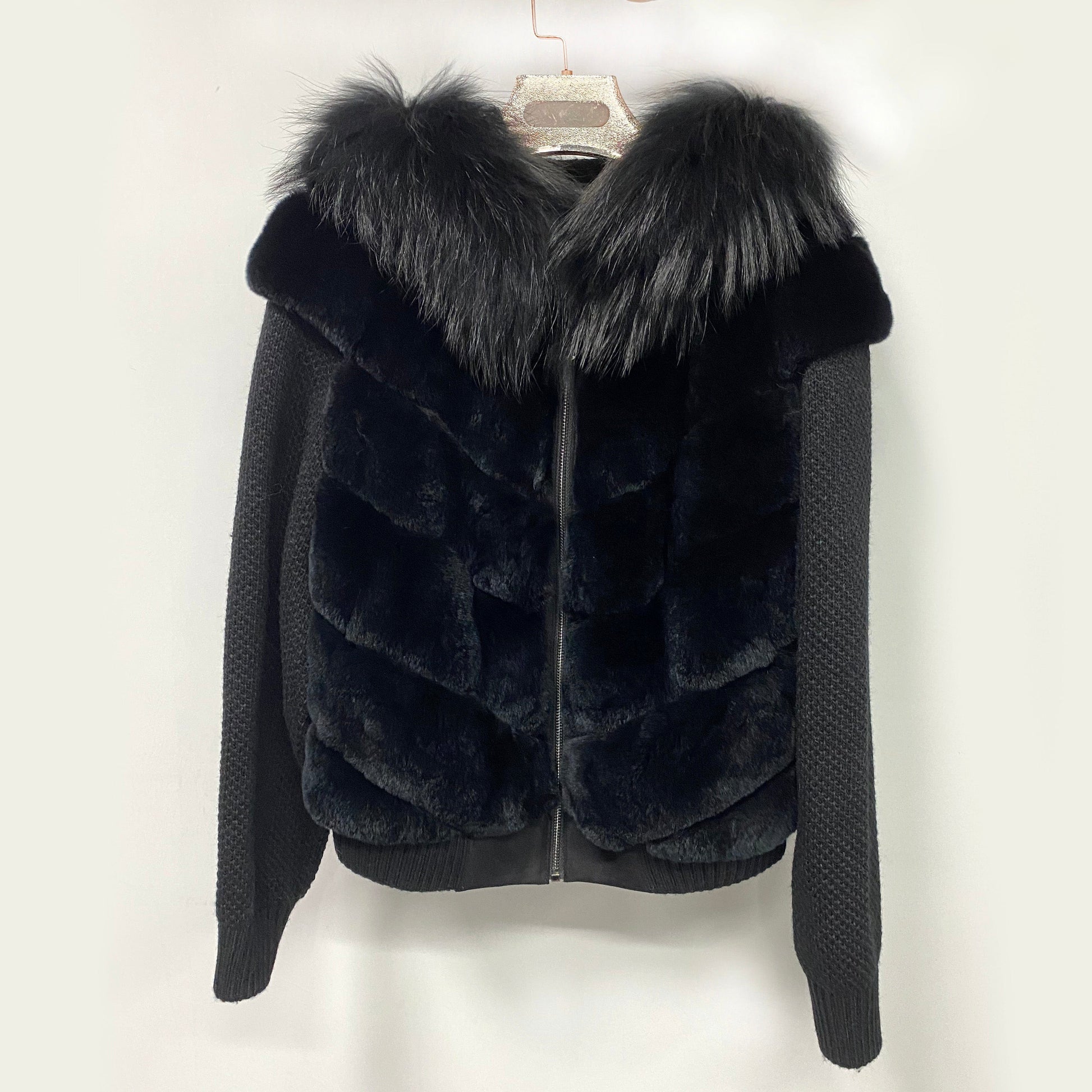 S / Black QIUCHEN QC22029 Drop shipping Women Knit Zip Hoodie Coat with Real Fox Fur Collar Winter Hooded Jacket Women