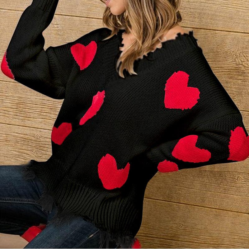 S / Black + red heart New Valentine's Day Sweater Women's Loose Pullover Heart-Shaped Multi-Part V-Neck