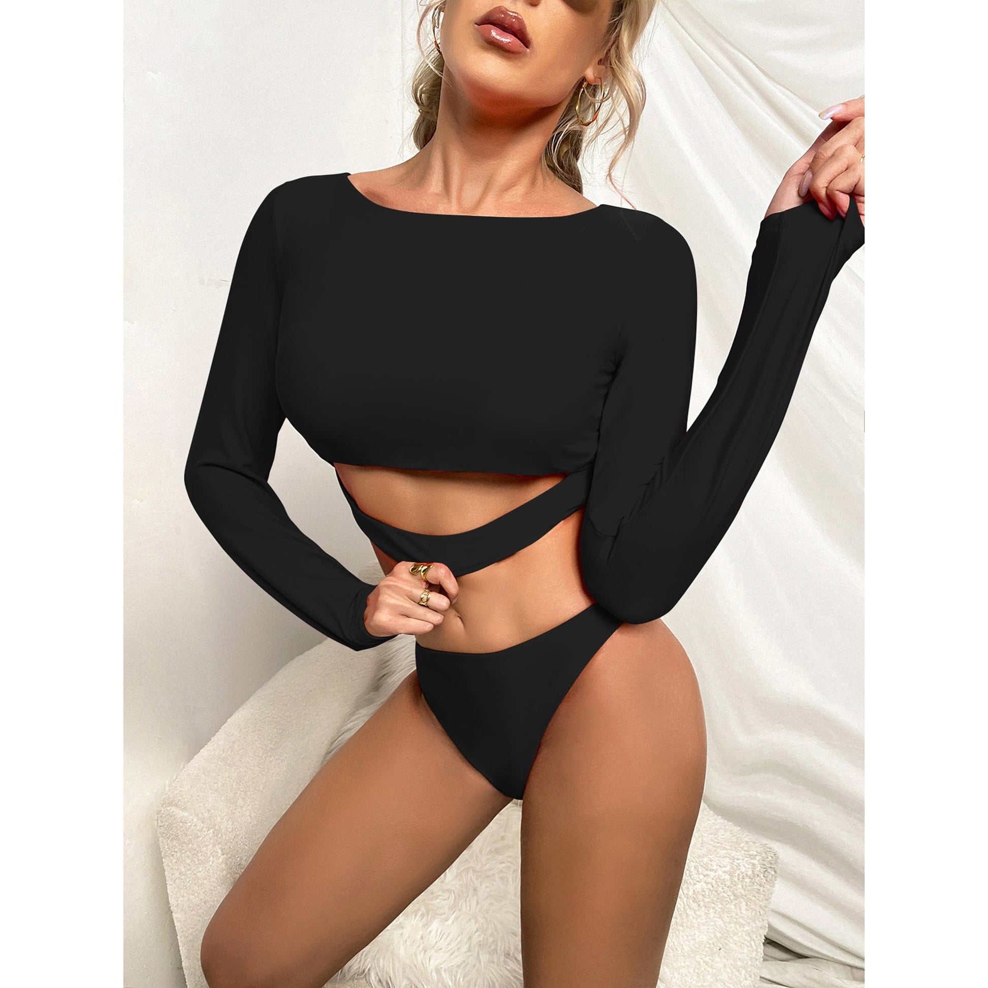 S / black ST1159 Free Shipping Hot Sale one Pieces Bathing Suit Sheer Mesh Long Sleeve Swimsuit High Cut Brazilian Bikini Set