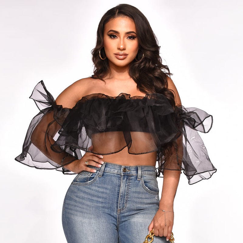 S / Black Trending Products 2022 New Arrivals Elegant Latest Chiffon Tops Sexy Short Sleeve Tube Mesh Top Summer Clothes