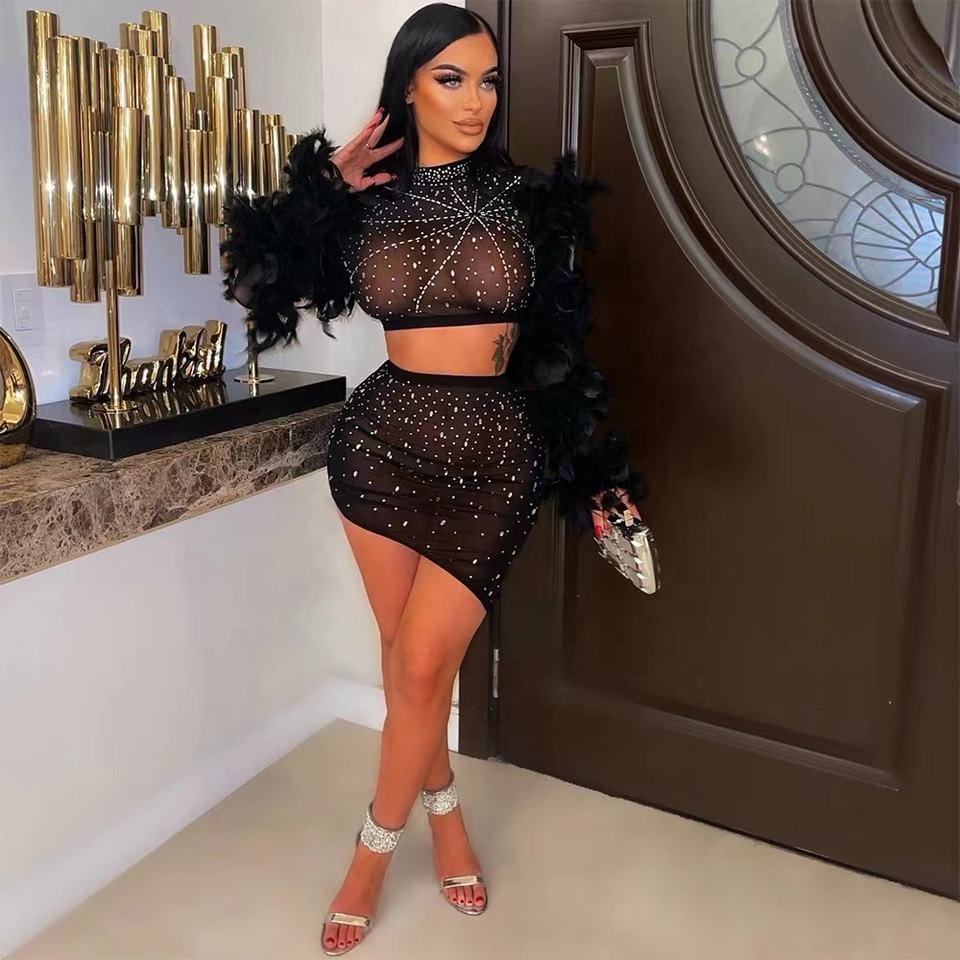 S / black trendy rhinestone feather sleeve crop top and skirt 2 piece set sexy mesh mini skirts club outfits women summer clothing