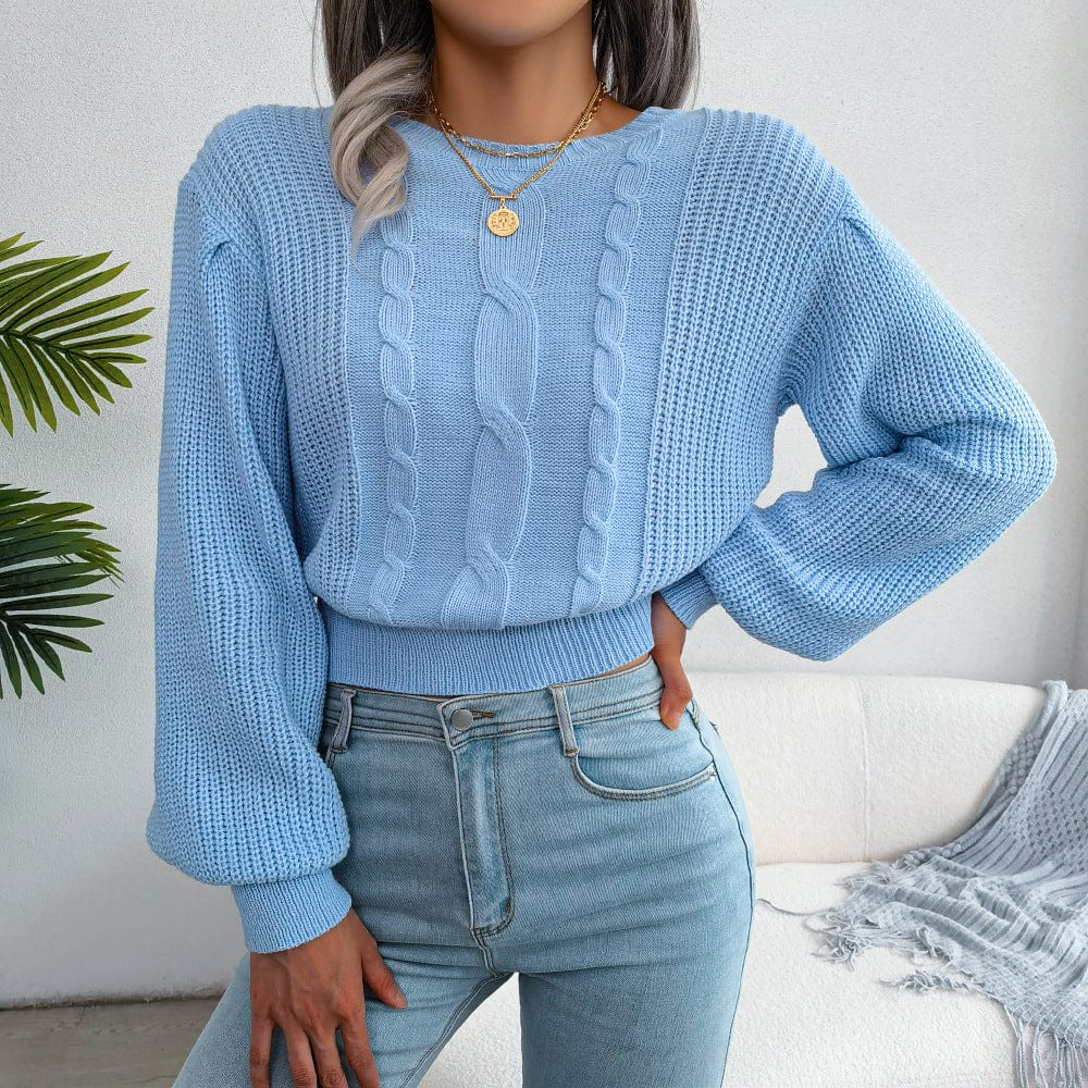 S / Blue 10%OFF Autumn and winter European and American casual twist lantern sleeve waist knitted sweater women's pullover