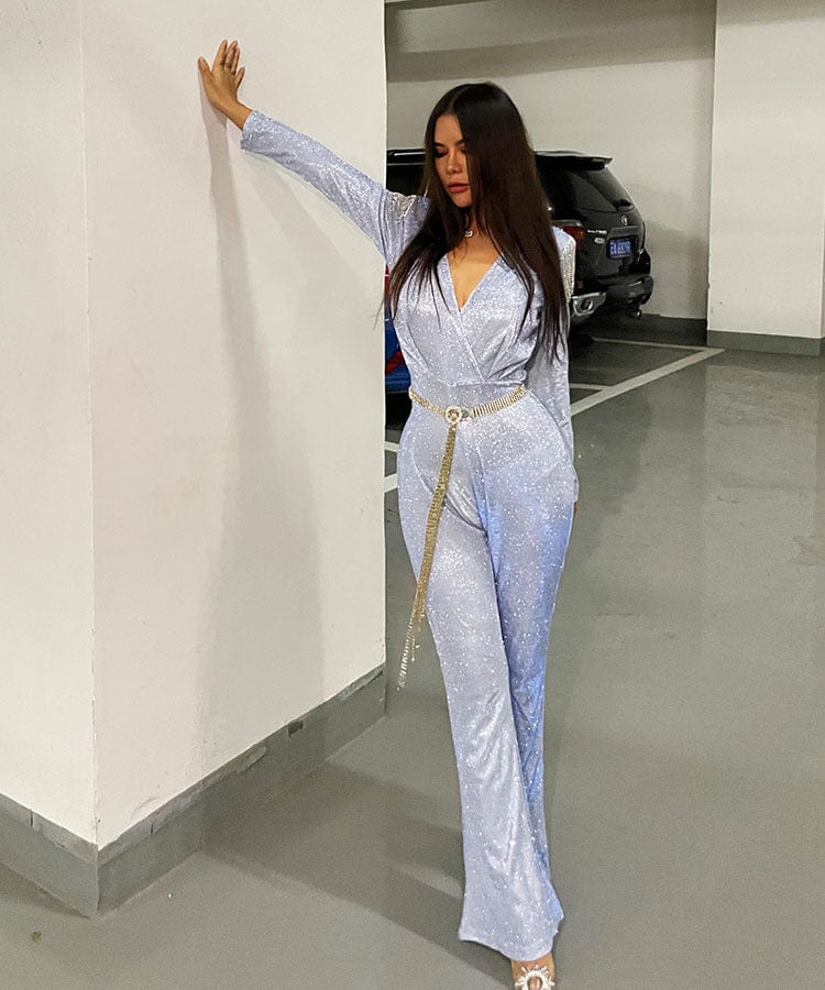 S / Blue AH0128 High Quality Fashion Elegant V-neck  Diamond Long Sleeve Jumpsuit