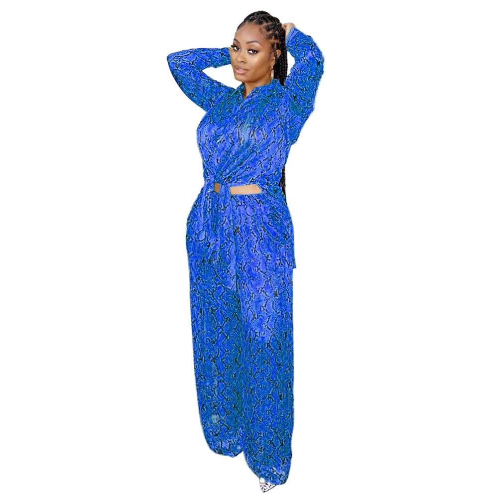 S / Blue C1102TA93 New Arrival Casual Print Long Shirt Wide Leg Pants 2 Piece Set Women Sehe Fashion