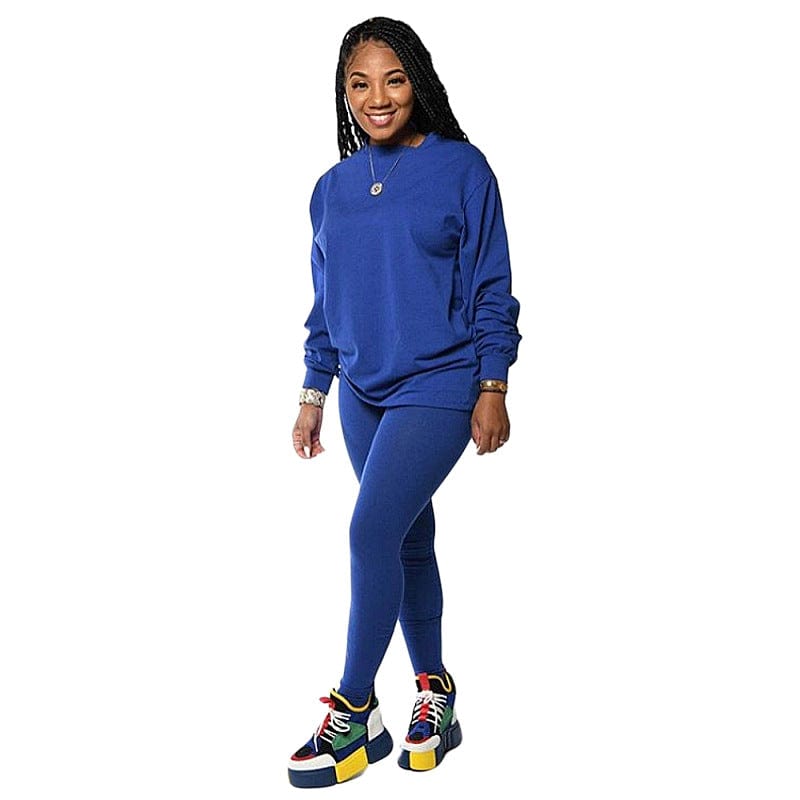 S / Blue cotton women 2 piece sets clothing fall long sleeve two piece pants set for women