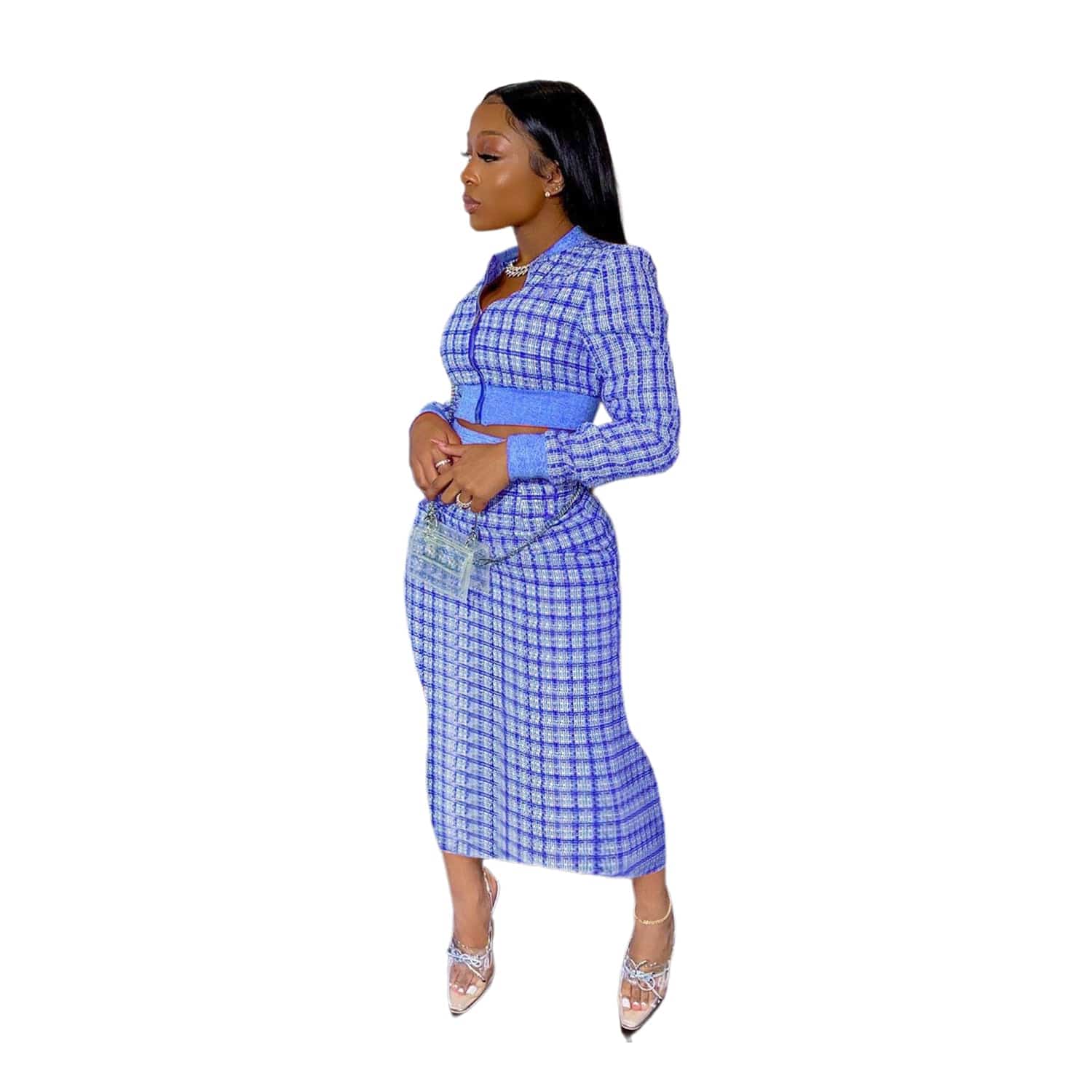 S / Blue Fall Sets 2022 Printed Threaded Plaid 2 Two Piece Set Women Long Sleeve Jackets Bodycon Mid Skirts Suit