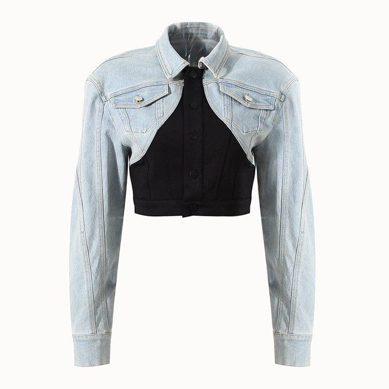 S / Blue Fashionable jacket women fall 2022 streetwear short casual retro false two pieces of stitching denim jacket for women