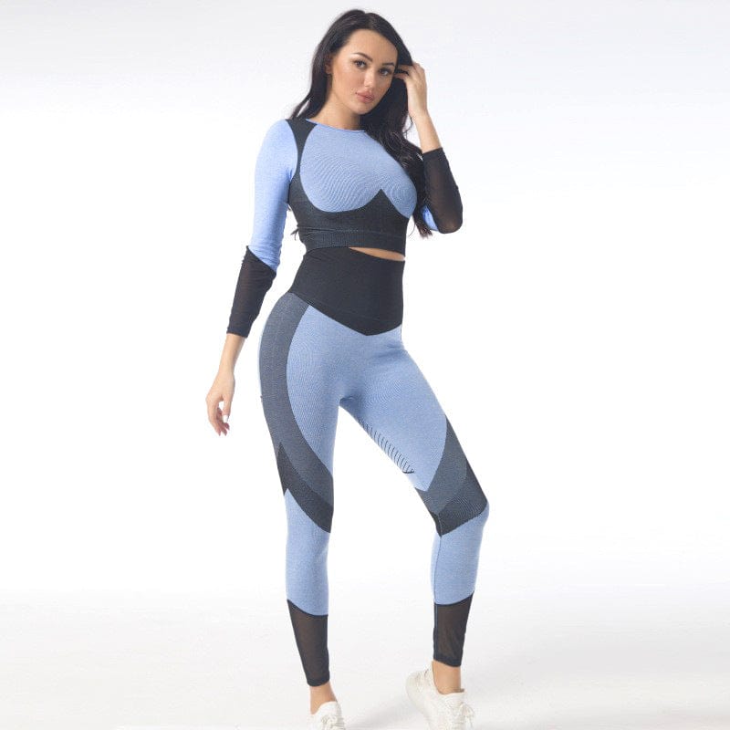 S / Blue Hot Selling Autumn Winter Yoga Suit Net Yarn Long Sleeve Buttock Lifting For Women