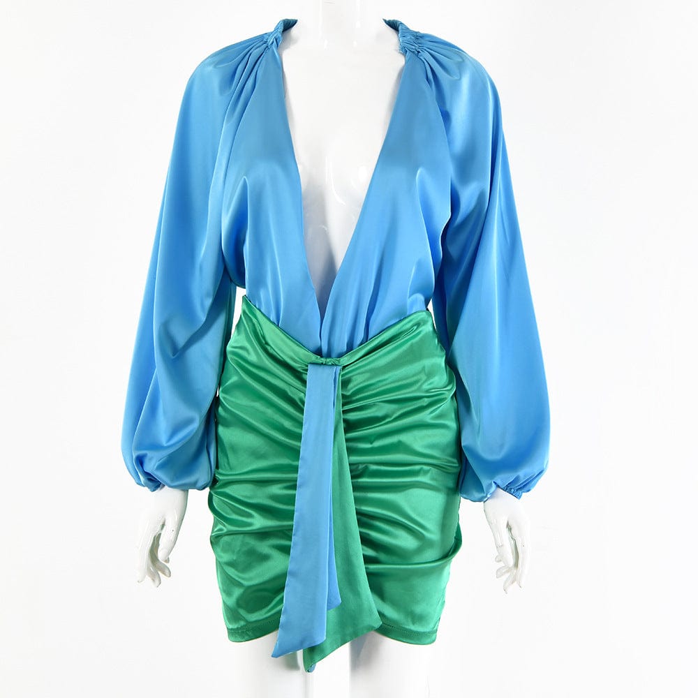 S / Blue J&H 2023 hot sale puff sleeve two tone satin 2 piece skirts set women sexy deep V bodysuit shirt top and ruched mini skirts