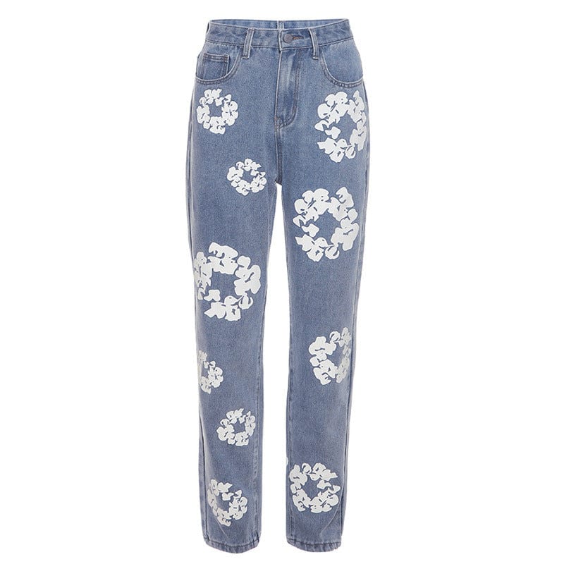 S / Blue Jeans Manufacturer 2023 New Street Daisy Print High Waist Jeans Dropshipping Women's Skinny Jeans