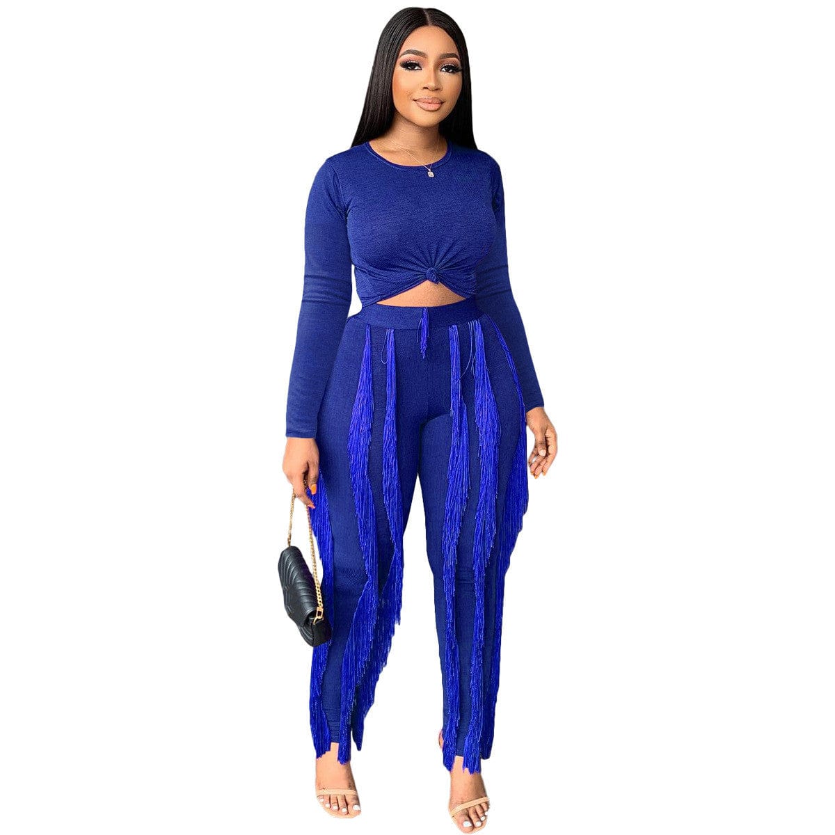 S / Blue New 2022 Fall 2 Piece Sets Women Long Sleeve Sport Casual Tassels Two Piece Pants Set Tracksuit Women Jogger Suit Women's Sets