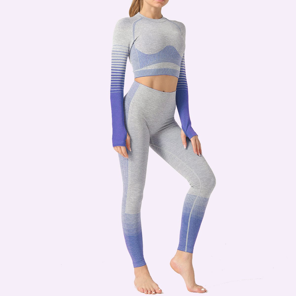 S / Blue New Stripe Long Sleeve Seamless Knit Butt Lift Mesh High Waist Yoga Set Woman