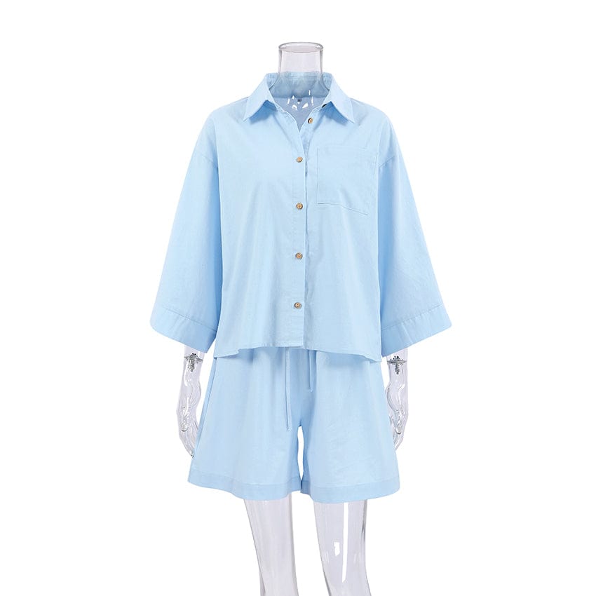 S / Blue OOTN Female Casual Suits With Shorts Three Quarter Sleeve Loose Women's 2 Piece Sets two piece set women clothing summer 2023