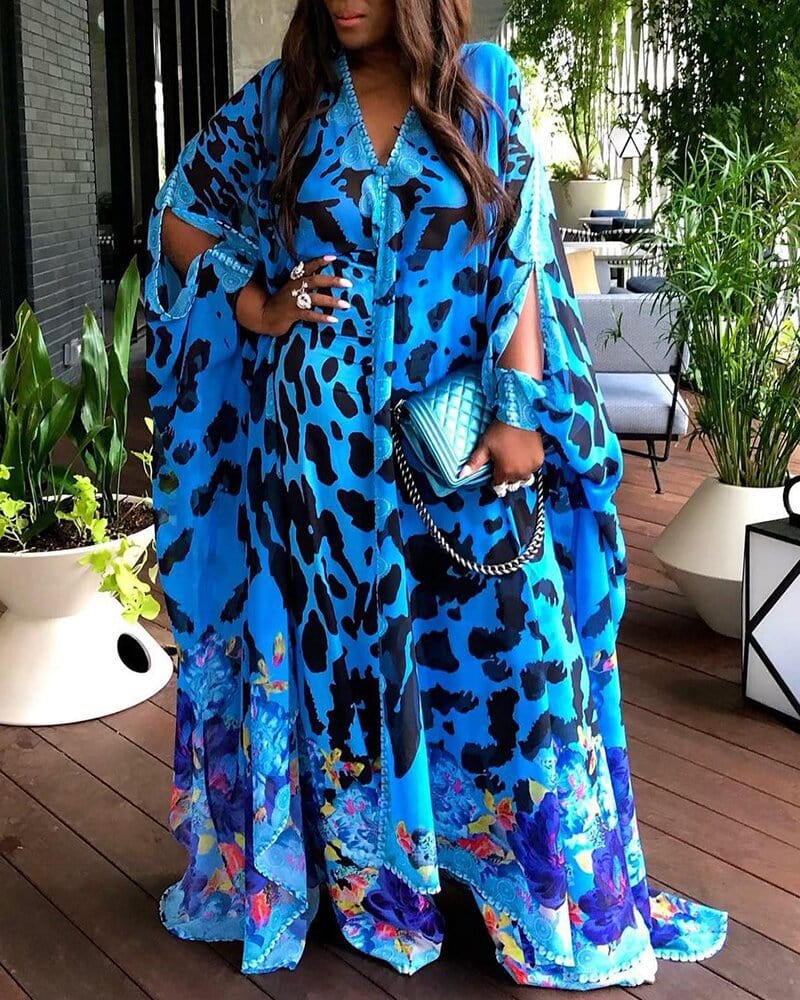 S / Blue Plus Size Women's Printed Loose Elegant Blue Long Dress