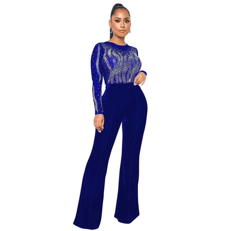 S / Blue spring 2023 festival crystal rhinestone mesh sheer patchwork velvet pants long sleeve romper jumpsuit rhinestones women outfit